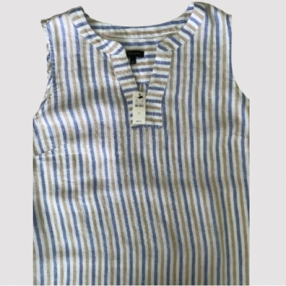 Talbots Sleeveless Linen Lace-up V-neck Top Blue, White & Tan Striped Size M NWT - Picture 2 of 10